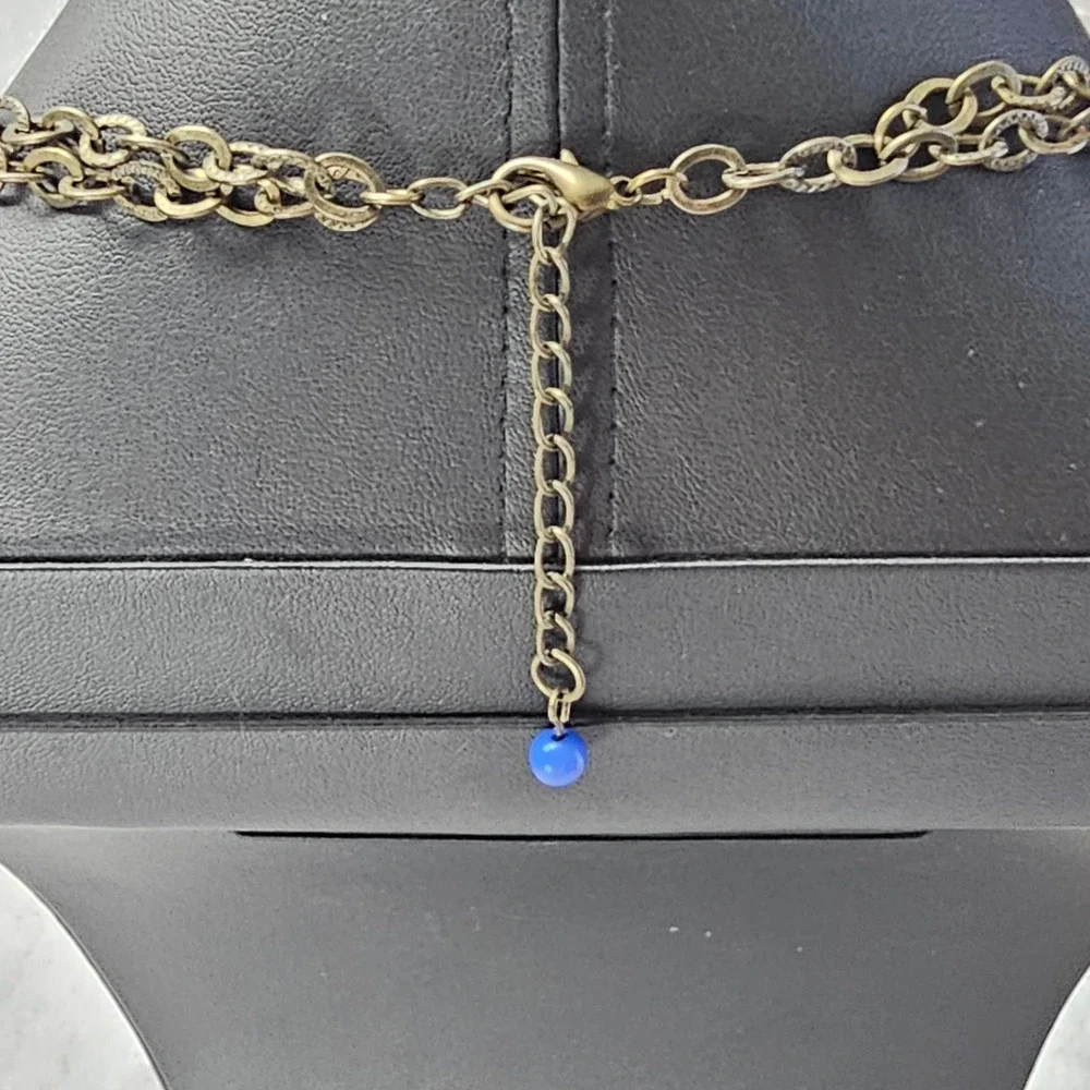 Nordstrom Brass Multi Chain Bib Necklace Royal Blue White Bead Statement 2010s